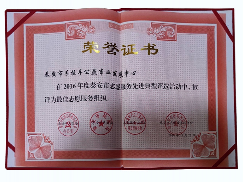 2016年度最佳志愿者组织证书